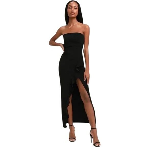 Lulus Womens Maxi Dress High Split Ruffle Side Back Zipper Strapless Black L - Picture 1 of 13